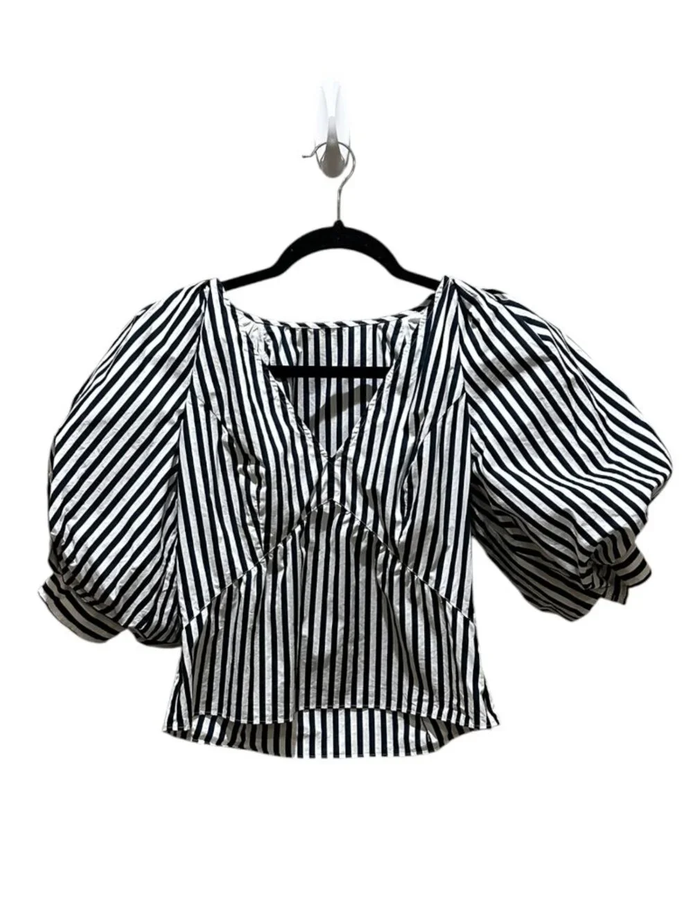 FRAME Puff Sleeve Organic Cotton Top Blouse Striped White and Blue